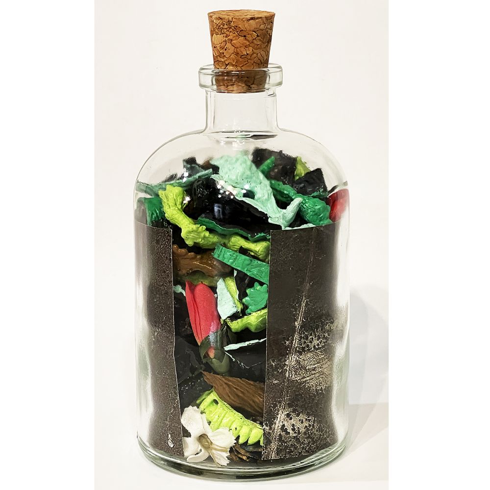 <br/>Gibne Praetorian back, 10/9/2025<br/>Apx 6½" x 3" x 3"<br/>glass, paper, ink, cork, plastic, acrylic and cloth